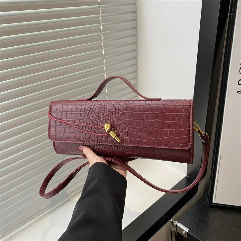 Women's Burgundy Crocodile-Pattern Evening Clutch