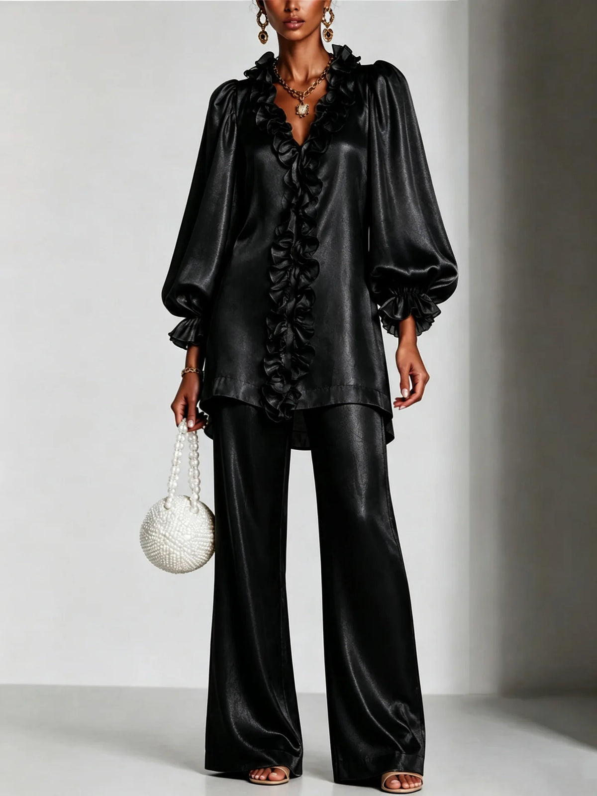Women's Satin Ruffle V-Neck Two-Piece Set