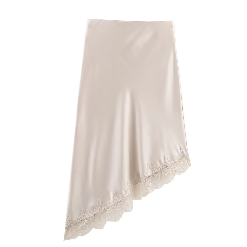 Lace-Trim Satin Midi Skirt