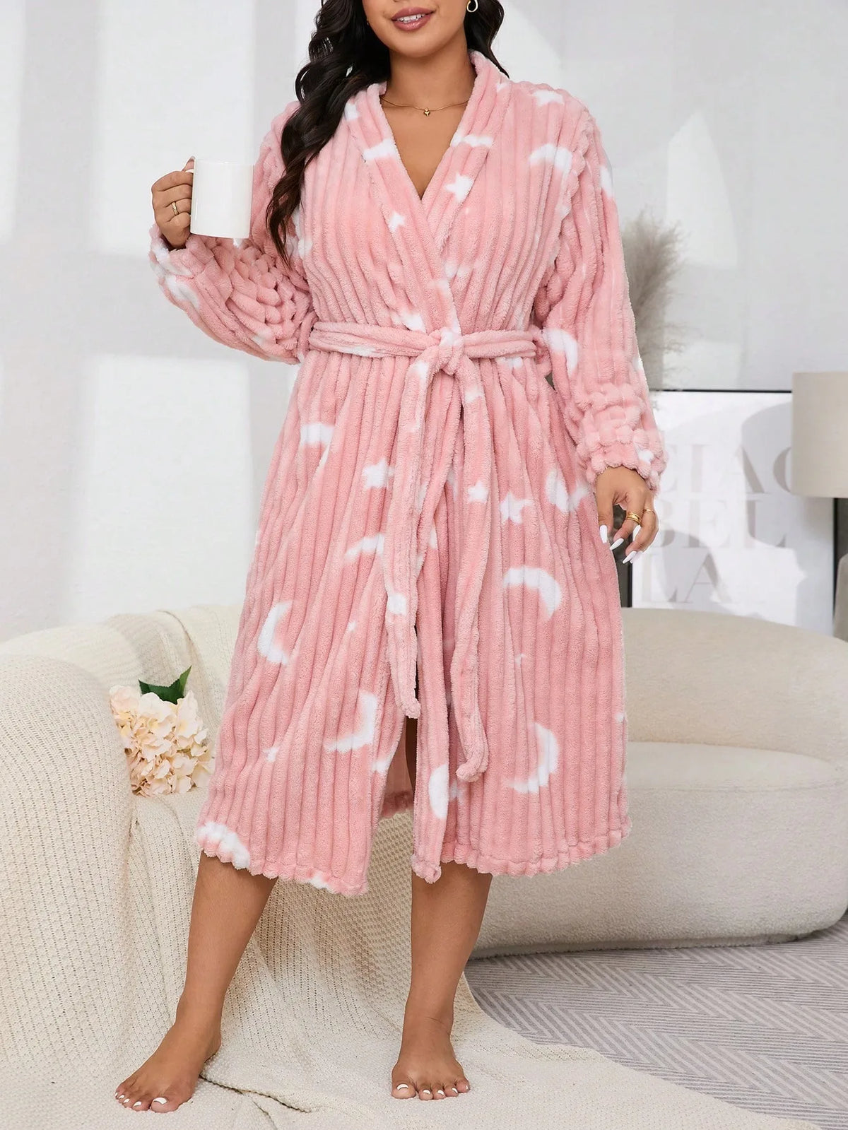 Women's Pink Moon & Star Print Plush Robe