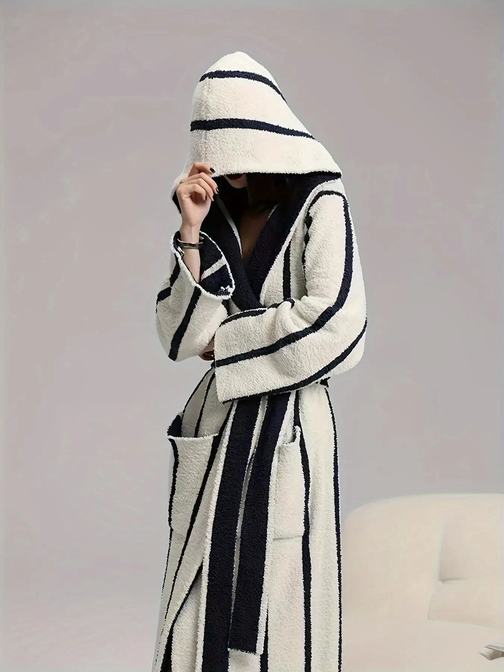 Women's Red & White Striped Hooded Plush Robe