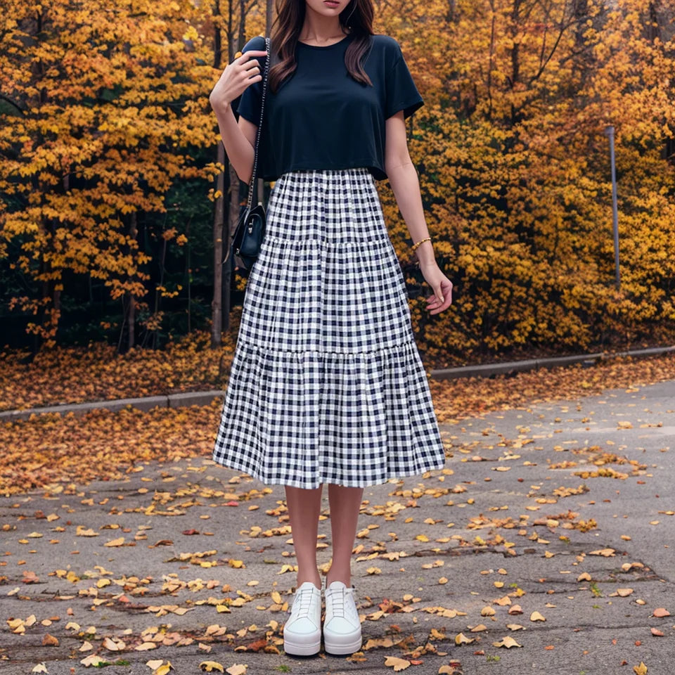 Checkered Patchwork Tiered Midi Skirt