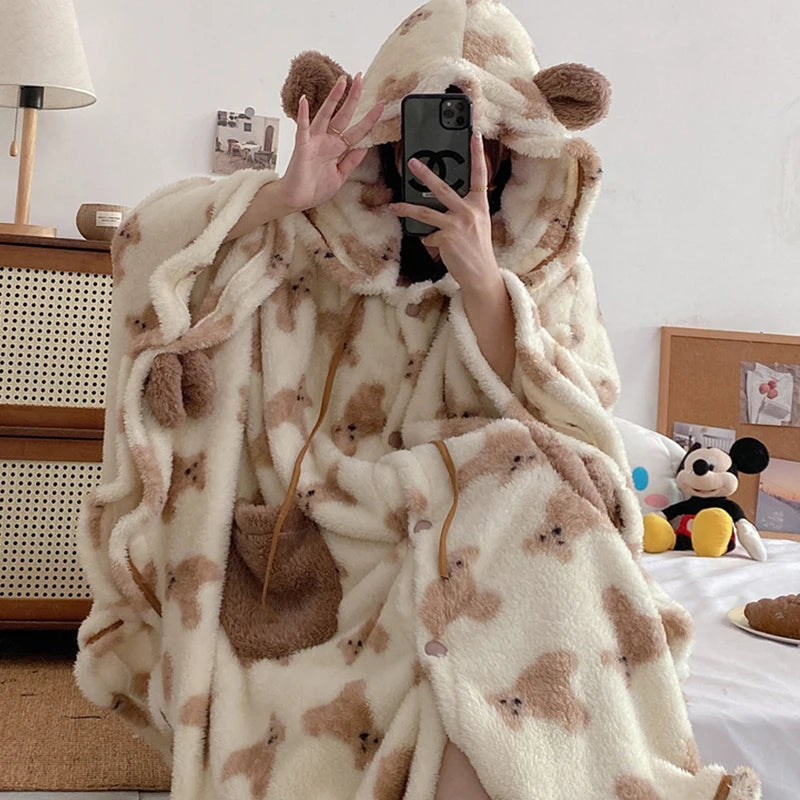 Women's Teddy Bear Print Hooded Plush Robe