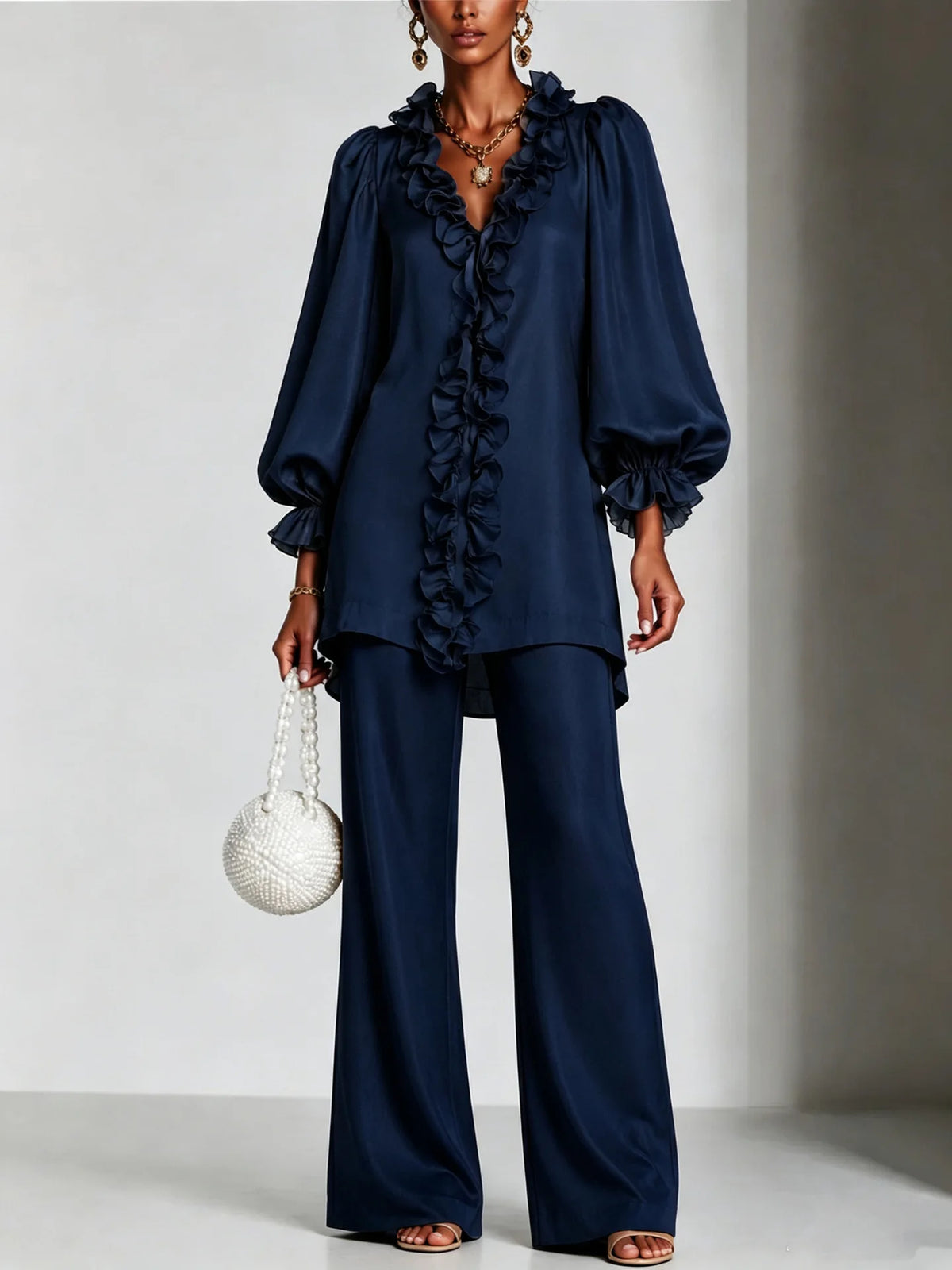 Women's Satin Ruffle V-Neck Two-Piece Set