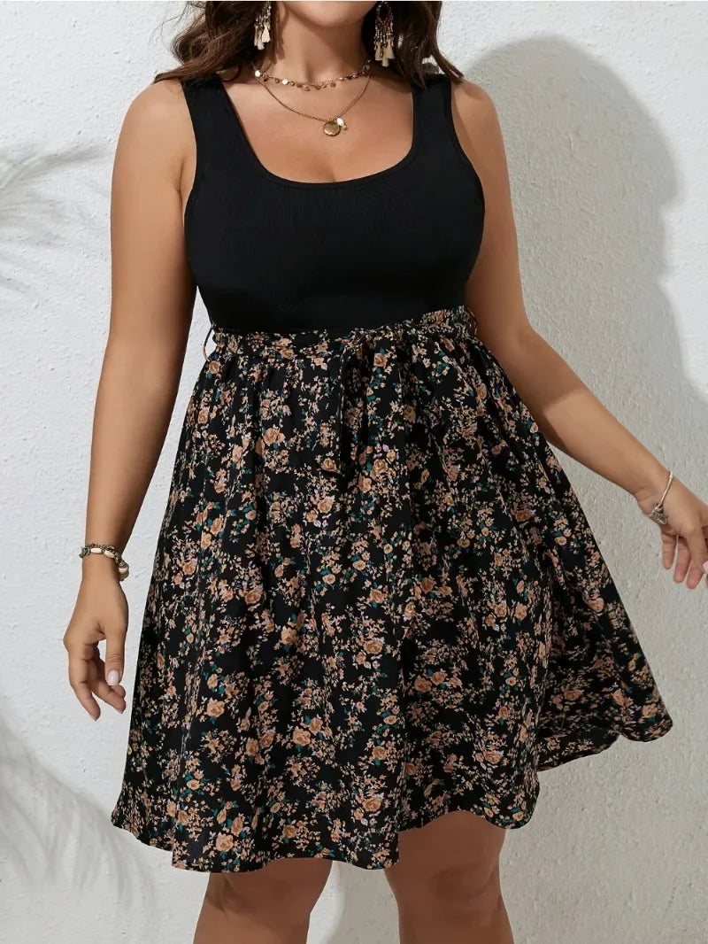 Women's Plus Size Floral Knit Dress – Sleeveless Knee-Length Style