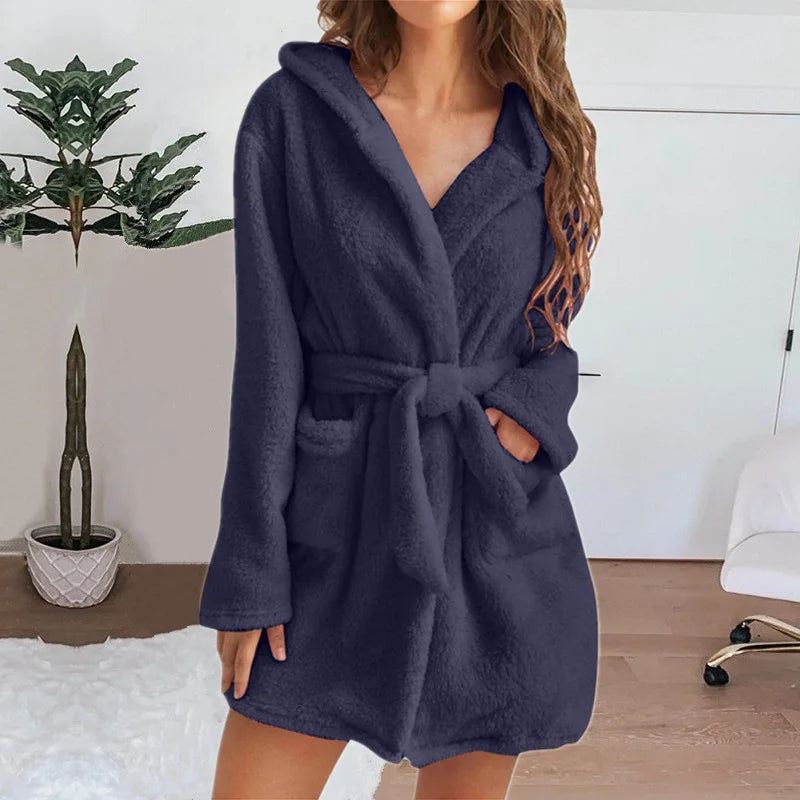 Women's Hooded Fluffy Plush Bathrobe