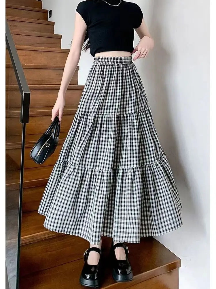 Checkered Patchwork Tiered Midi Skirt