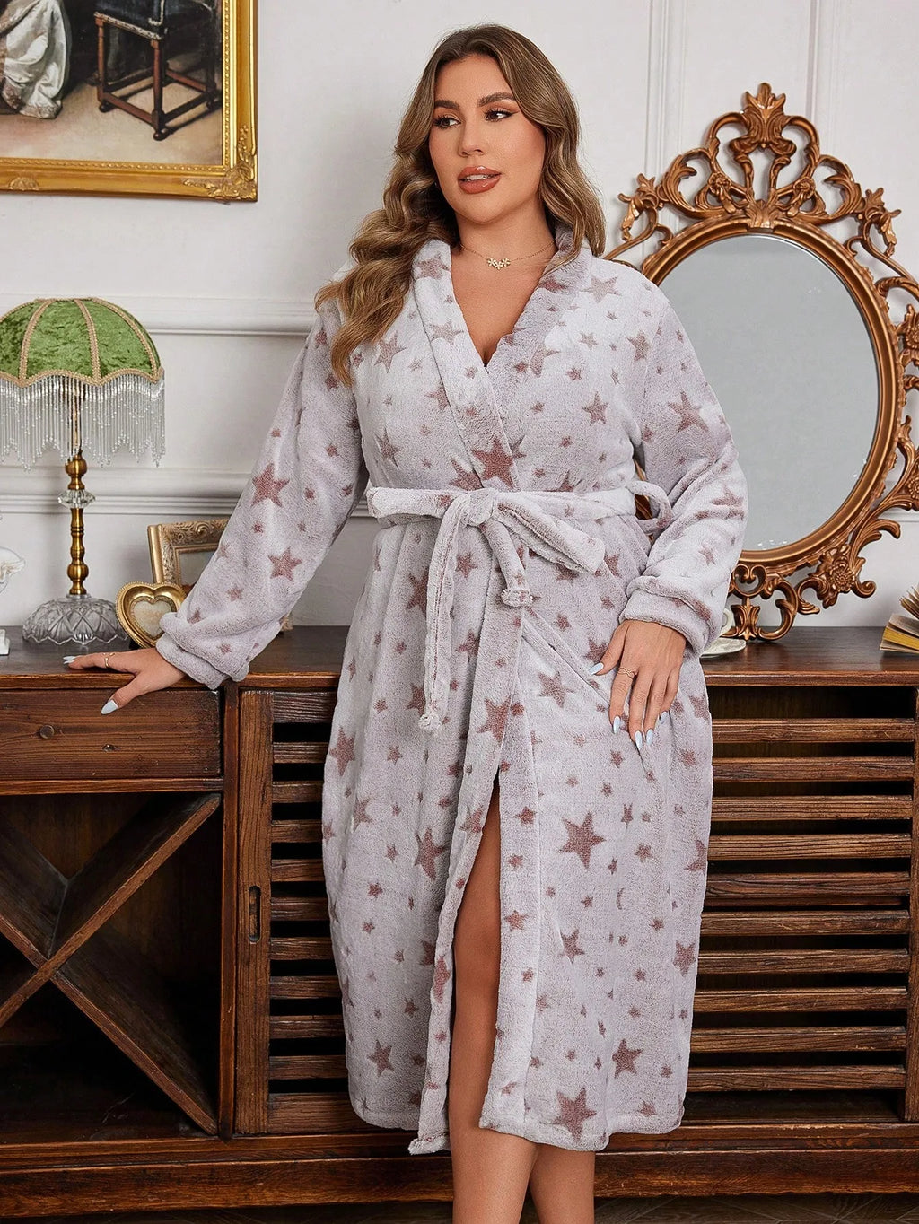 Women's Star-Print Plush Flannel Robe with Belt