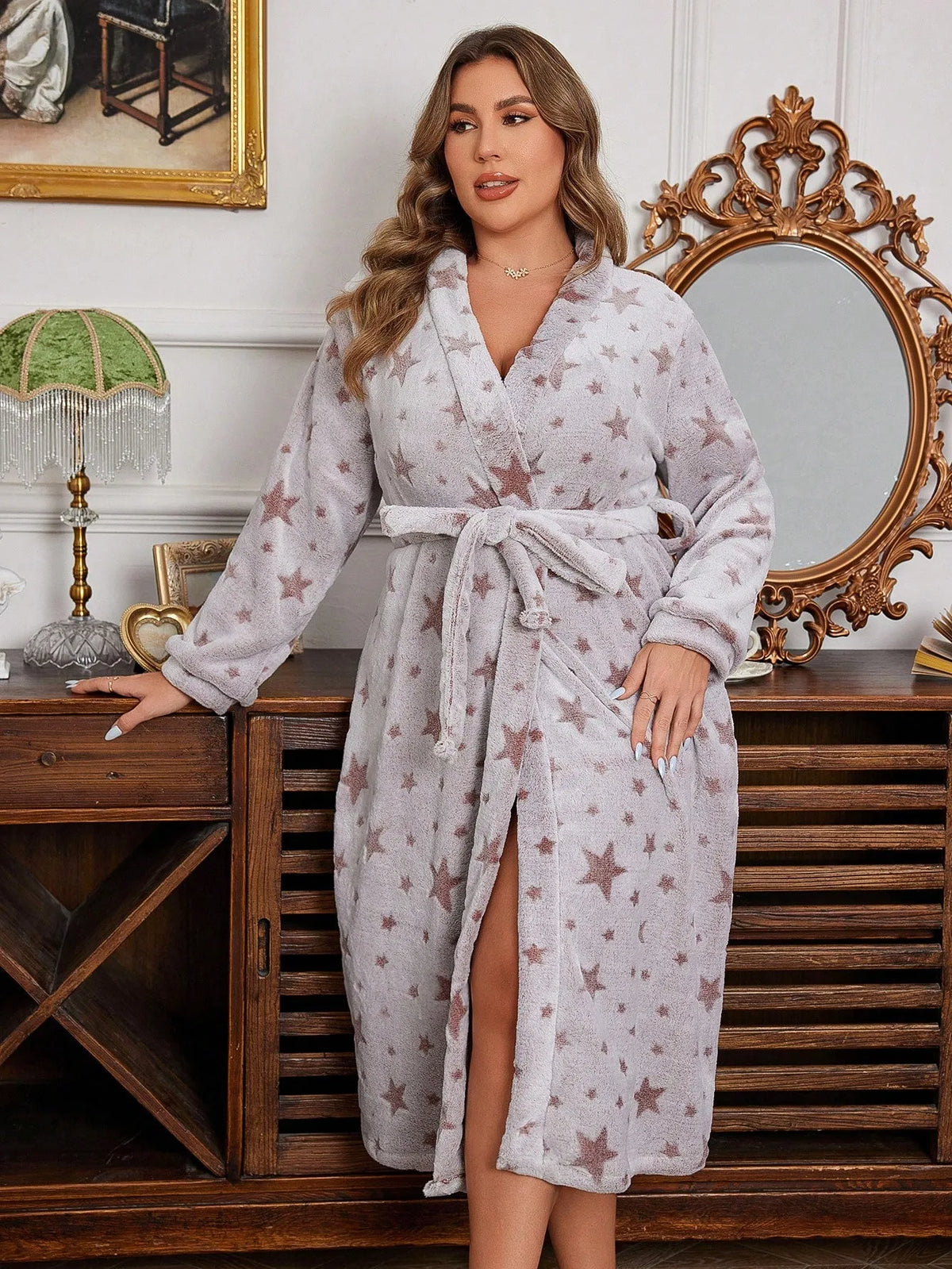 Women's Star-Print Plush Flannel Robe with Belt