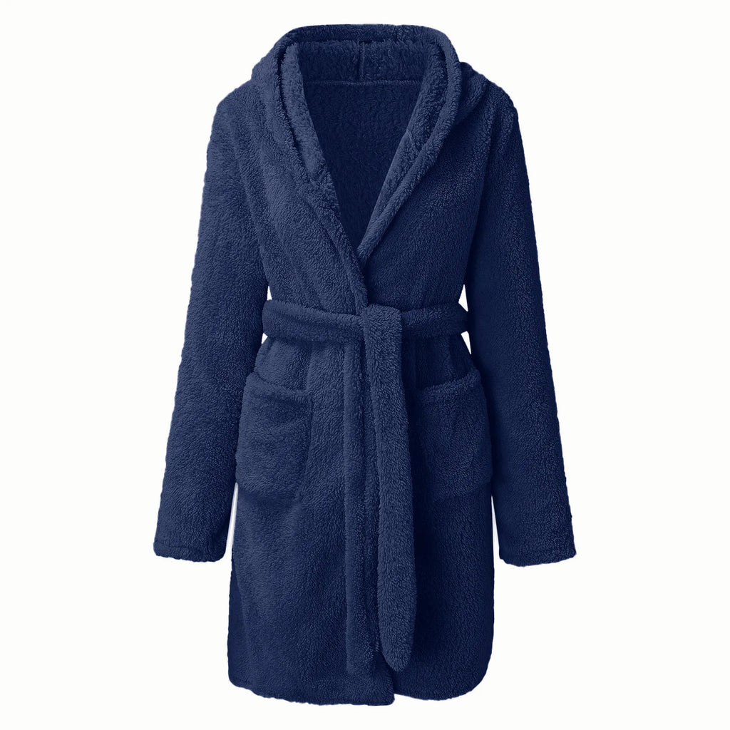 Women's Hooded Fluffy Plush Bathrobe