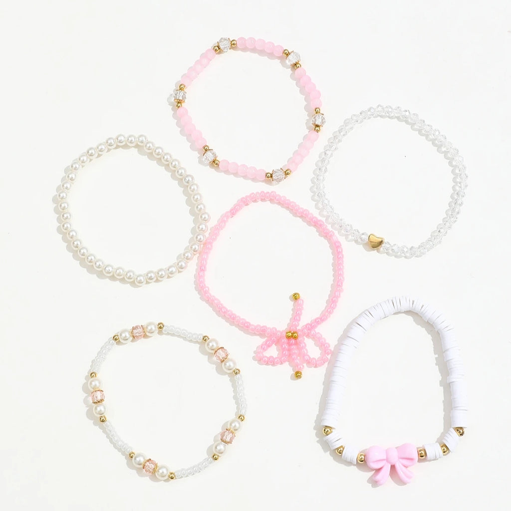 Women's Pearl & Bow Beaded Bracelet Set (6 Pieces)