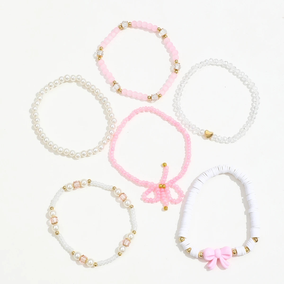 Women's Pearl & Bow Beaded Bracelet Set (6 Pieces)