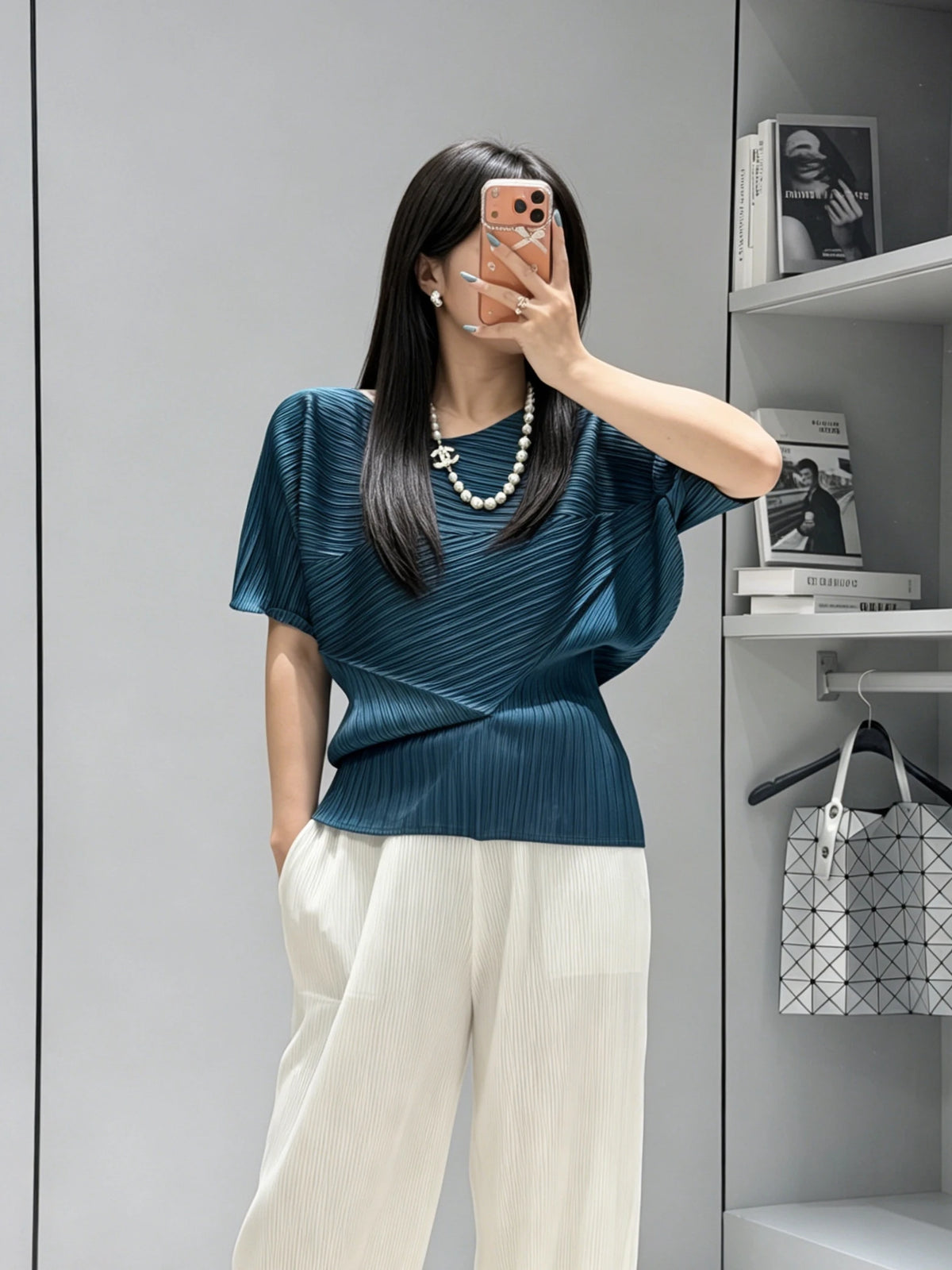 Cyan Pleated Asymmetric Top