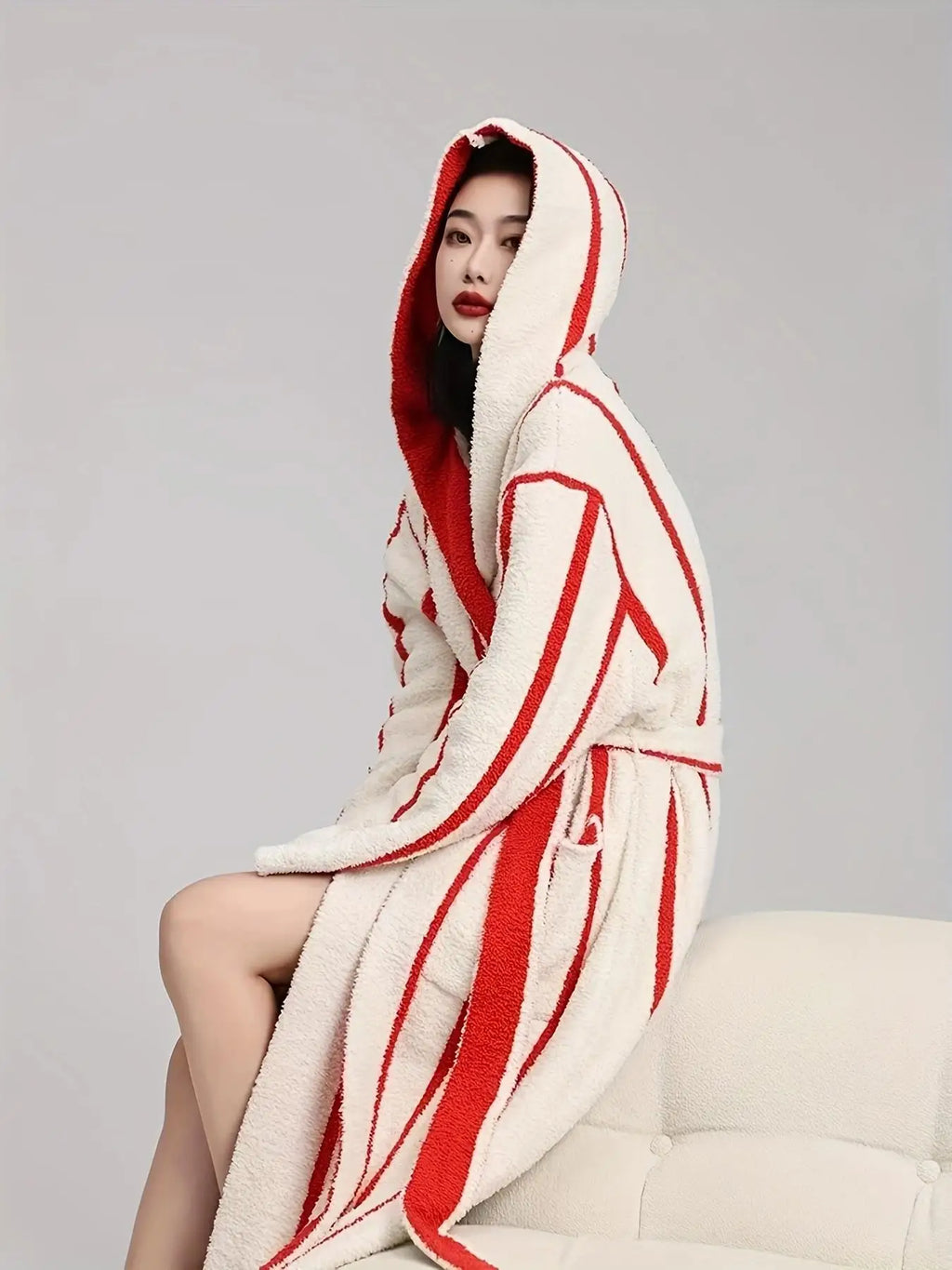 Women's Red & White Striped Hooded Plush Robe