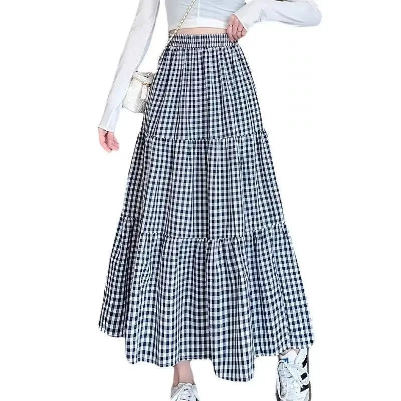 Checkered Patchwork Tiered Midi Skirt