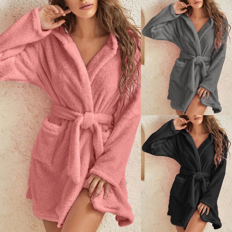Women's Hooded Fluffy Plush Bathrobe
