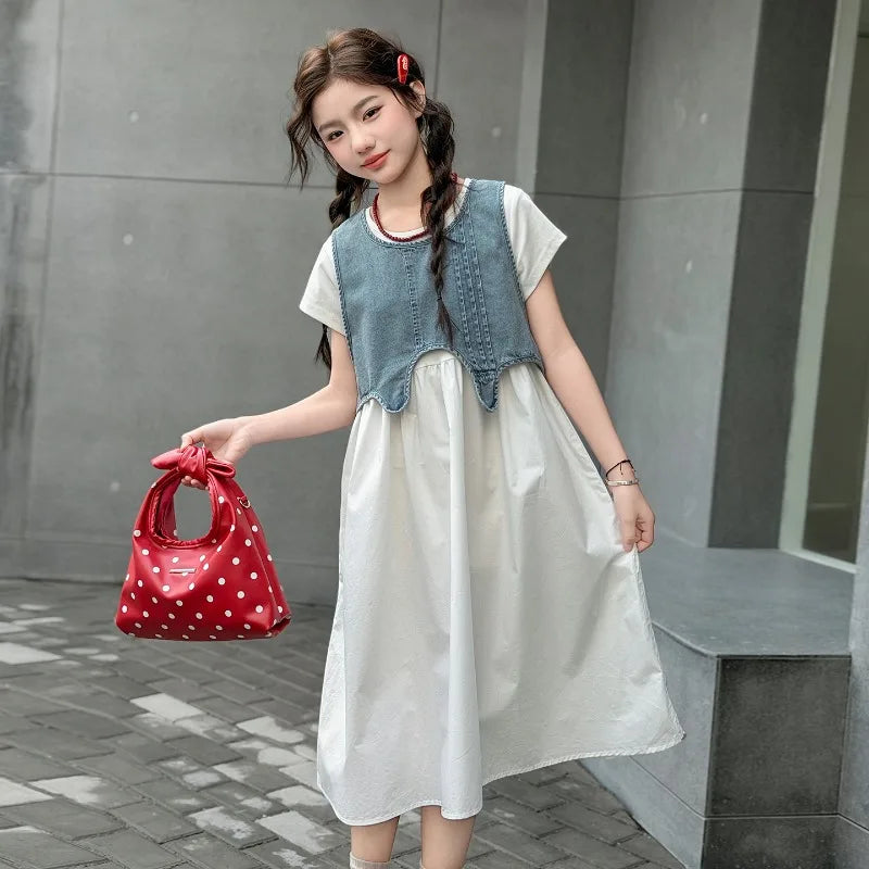 Girls' Dress & Denim Vest Set – Cute Two-Piece Kids Outfit