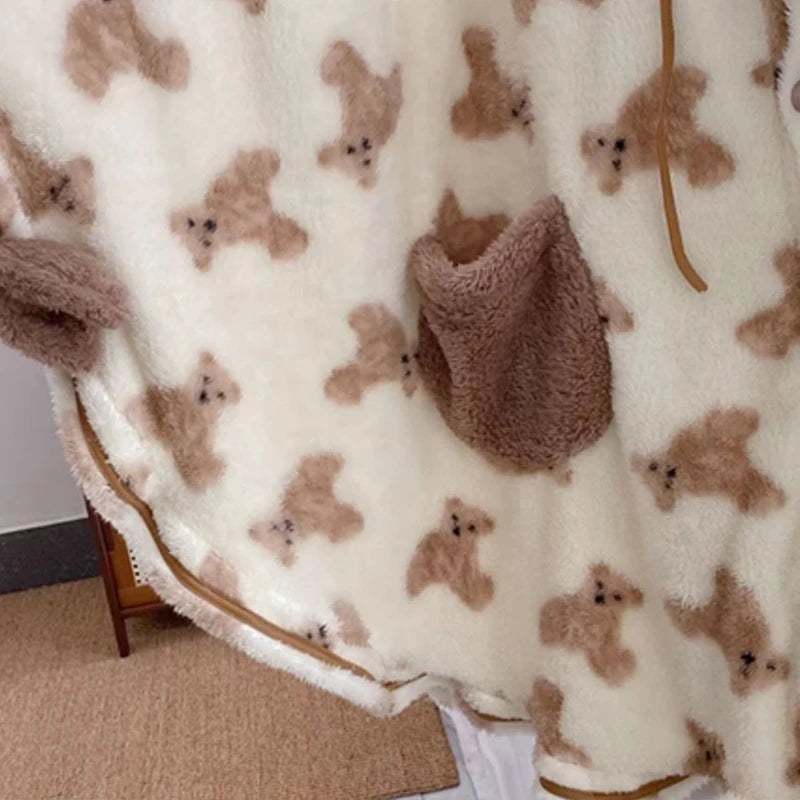 Women's Teddy Bear Print Hooded Plush Robe
