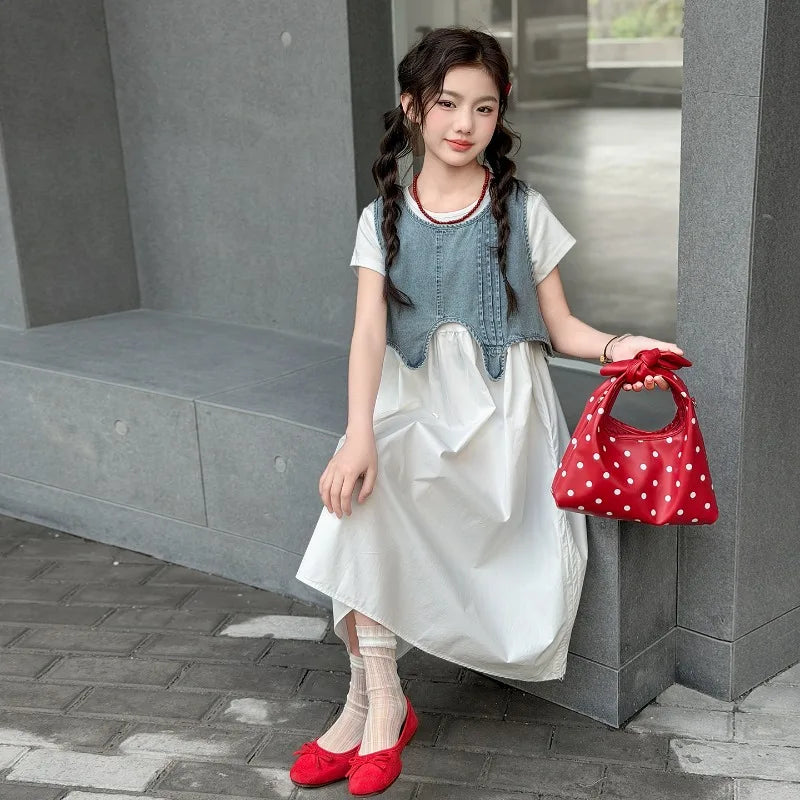 Girls' Dress & Denim Vest Set – Cute Two-Piece Kids Outfit