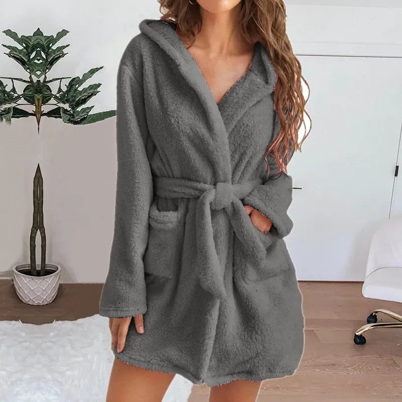 Women's Hooded Fluffy Plush Bathrobe