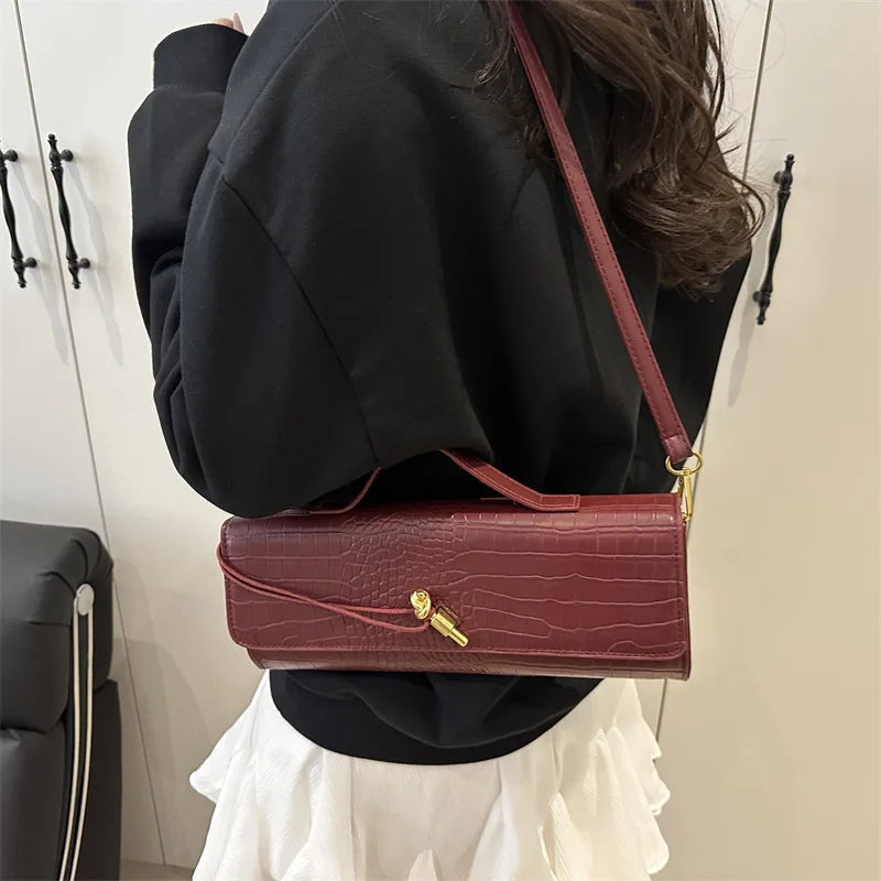 Women's Burgundy Crocodile-Pattern Evening Clutch