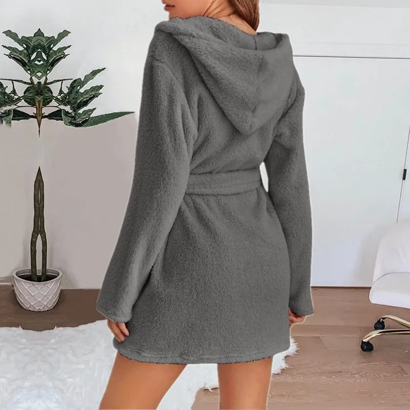 Women's Hooded Fluffy Plush Bathrobe