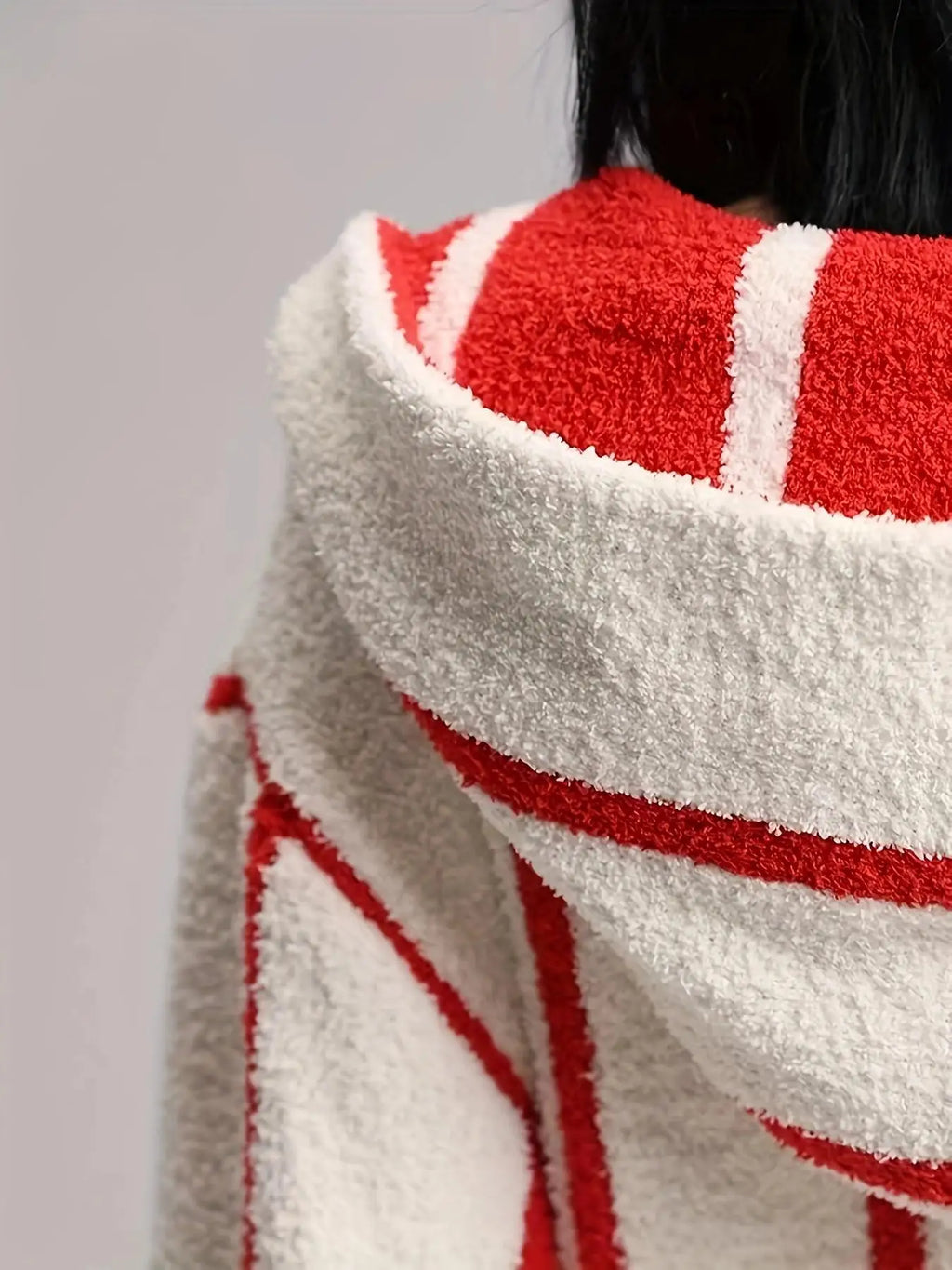 Women's Red & White Striped Hooded Plush Robe