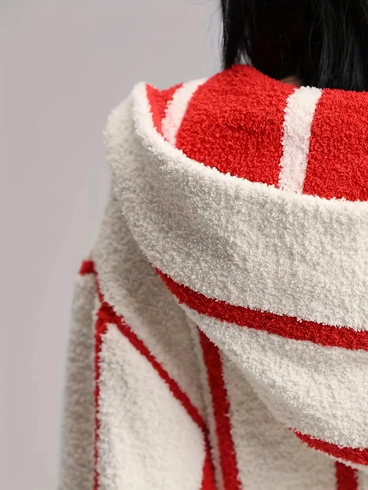 Women's Red & White Striped Hooded Plush Robe