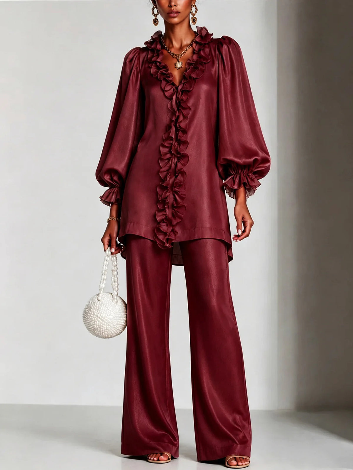 Women's Satin Ruffle V-Neck Two-Piece Set