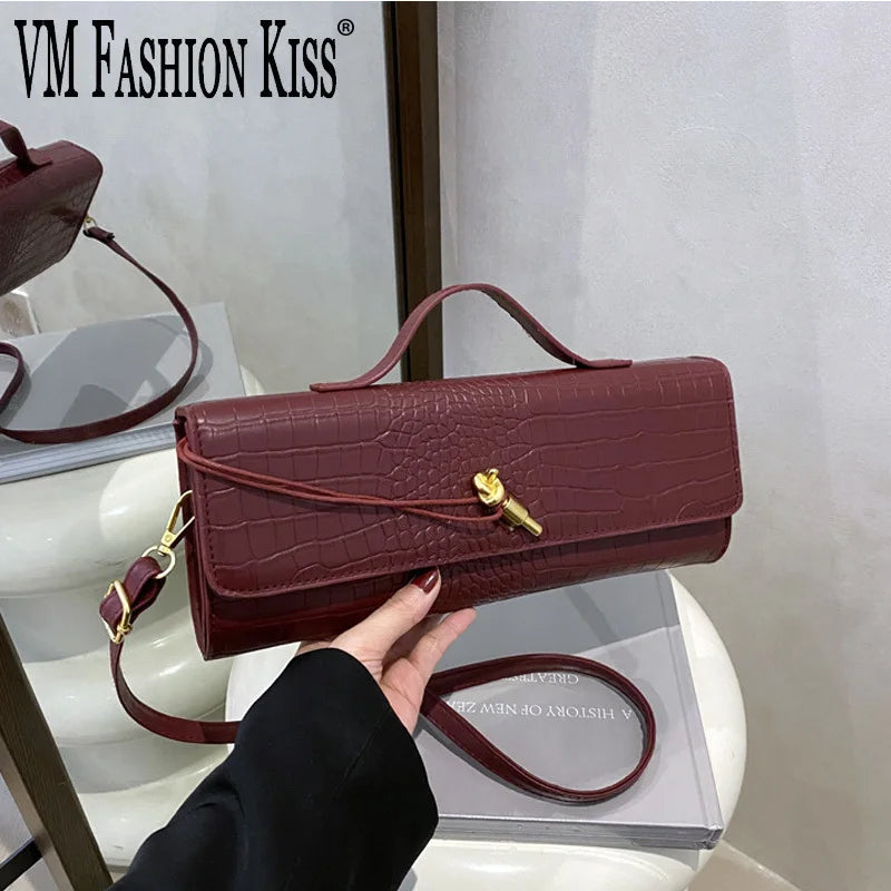 Women's Burgundy Crocodile-Pattern Evening Clutch