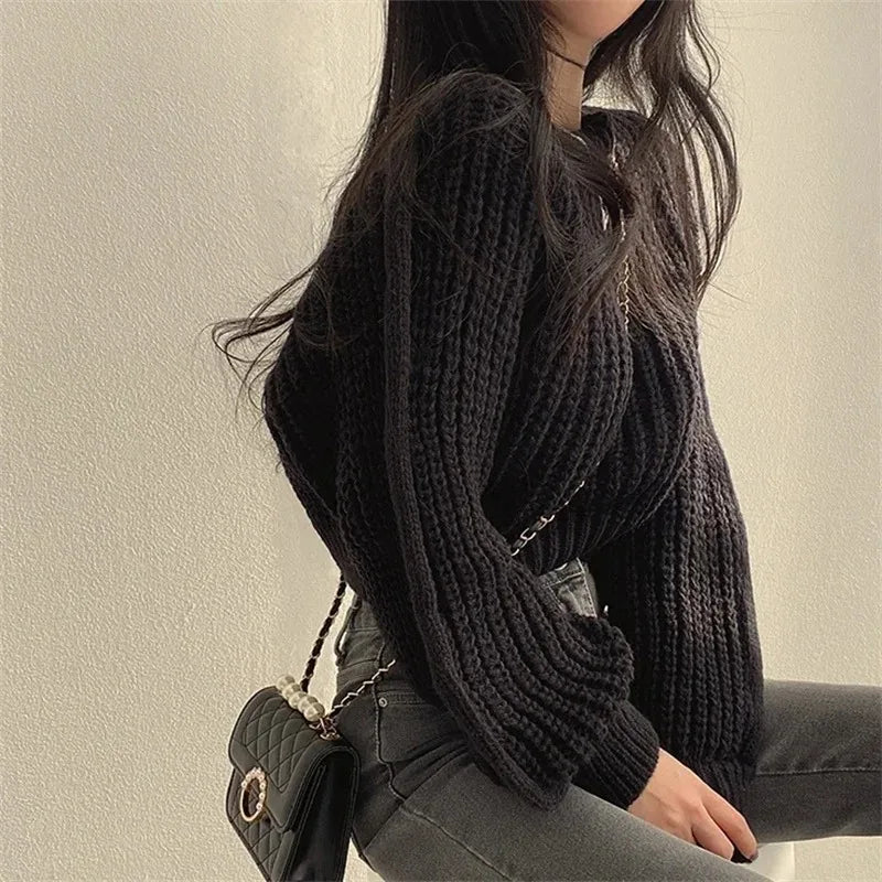 Oversized Lantern-Sleeve Chunky Knit Sweater