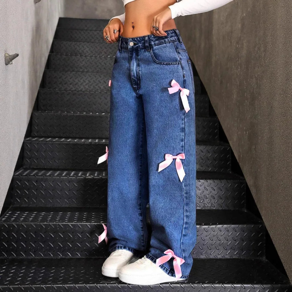 Women's Bow Washed Wide Leg Jeans