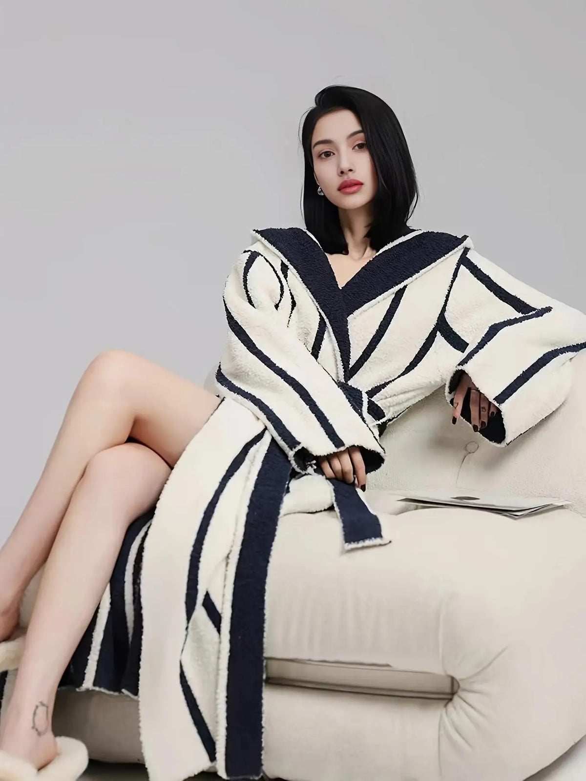 Women's Red & White Striped Hooded Plush Robe