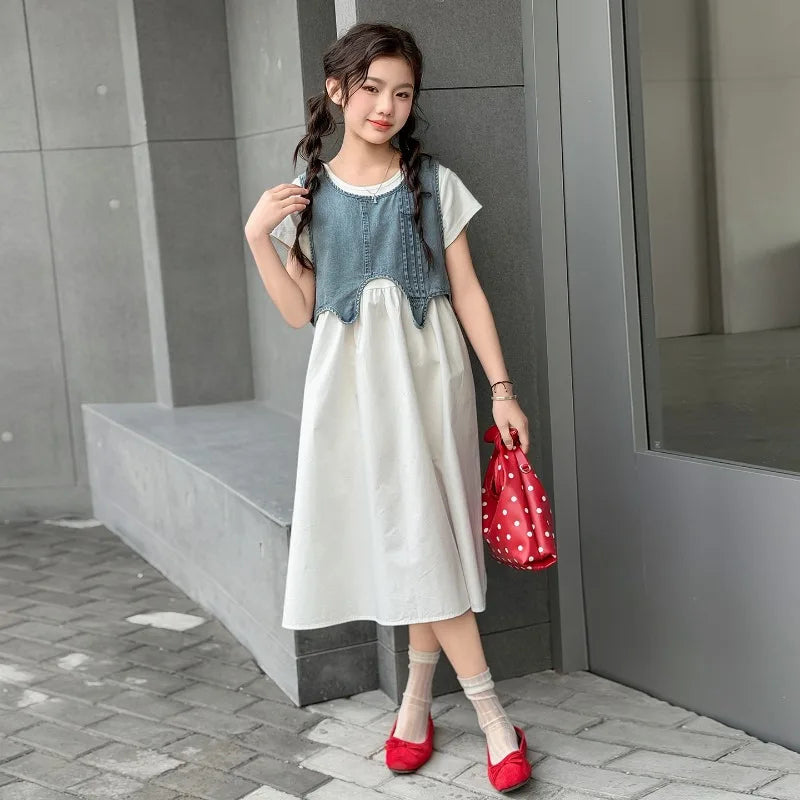 Girls' Dress & Denim Vest Set – Cute Two-Piece Kids Outfit