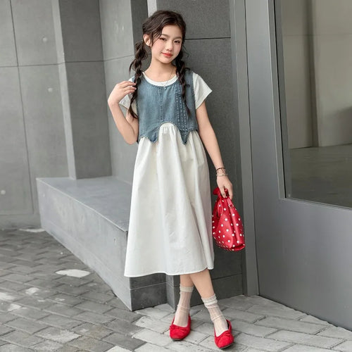Girls' Dress & Denim Vest Set – Cute Two-Piece Kids Outfit