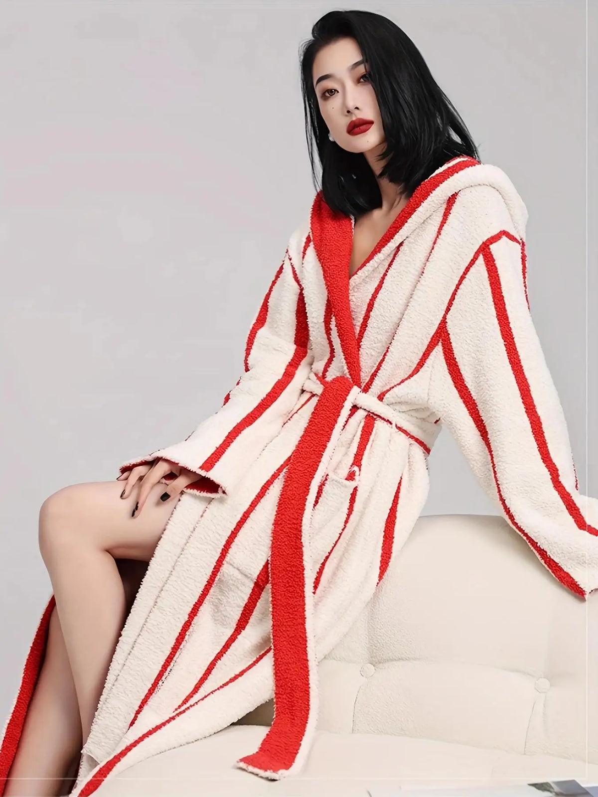 Women's Red & White Striped Hooded Plush Robe
