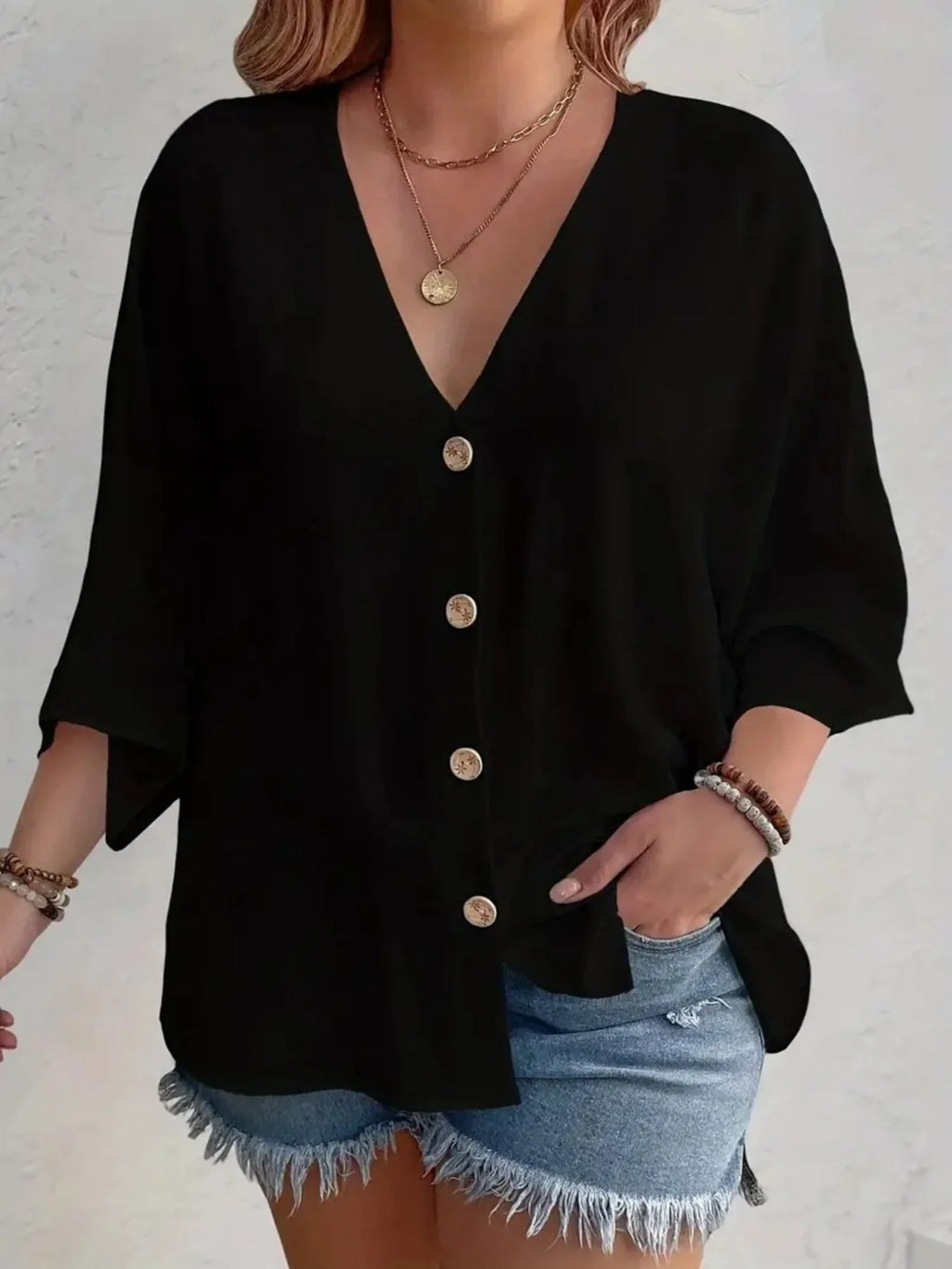Plus Size Loose V-Neck Long-Sleeve T-Shirt