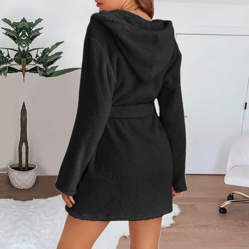 Women's Hooded Fluffy Plush Bathrobe