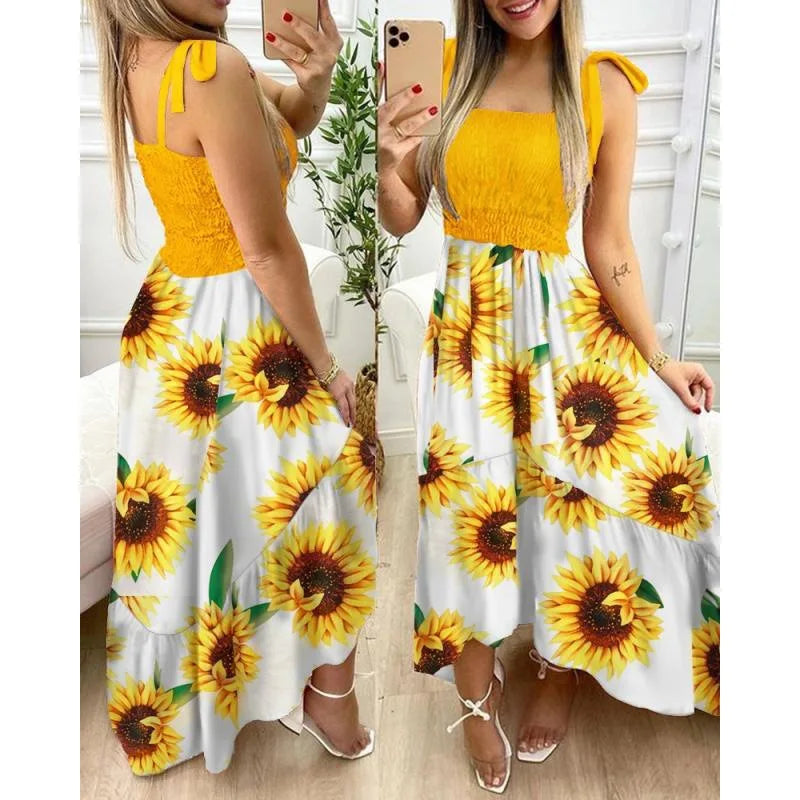 Women's Floral Tie-Strap Maxi Dress – Flowy Boho Summer Dress