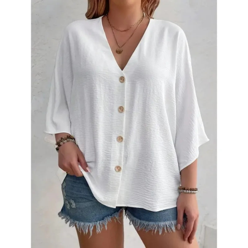 Plus Size Loose V-Neck Long-Sleeve T-Shirt