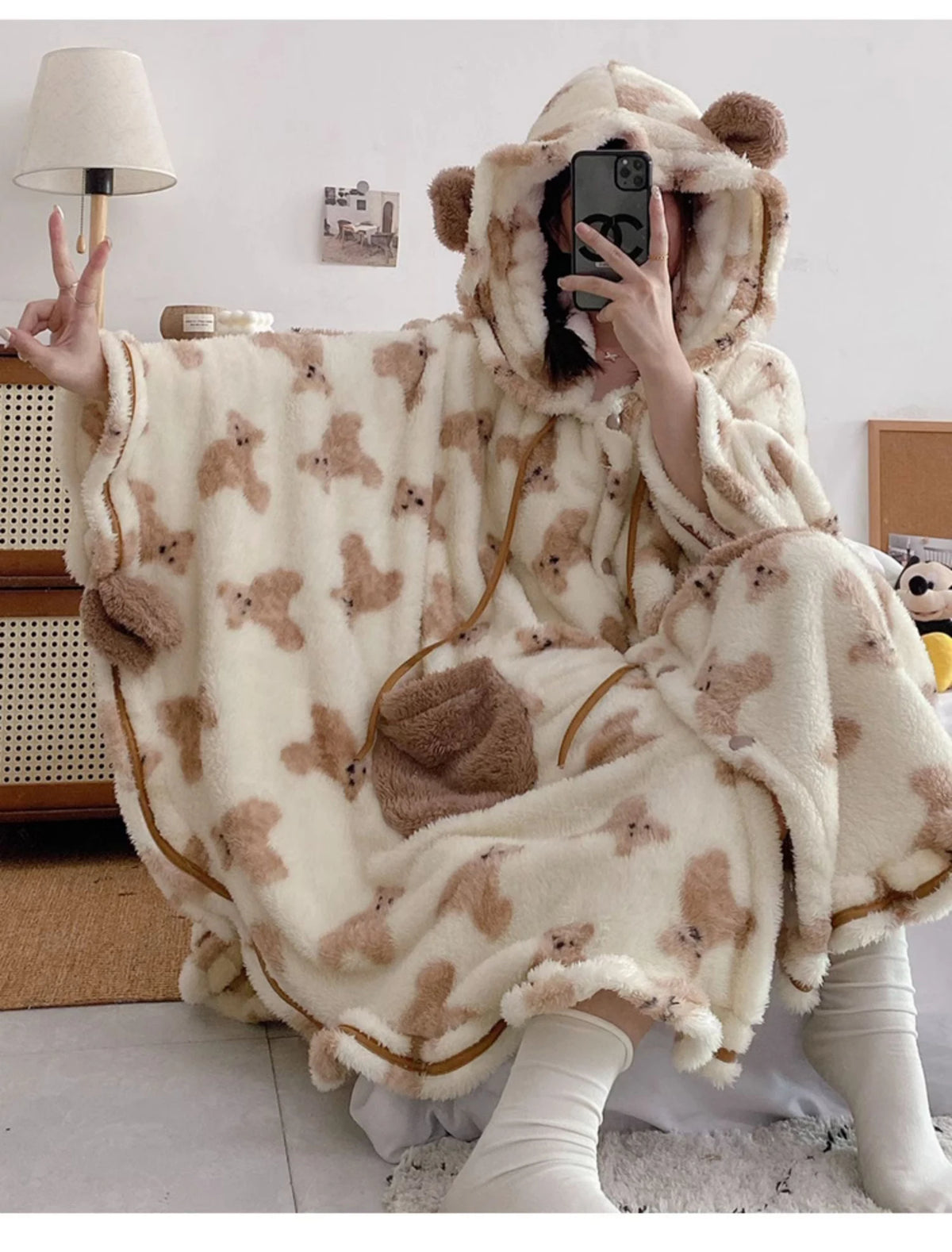 Women's Teddy Bear Print Hooded Plush Robe