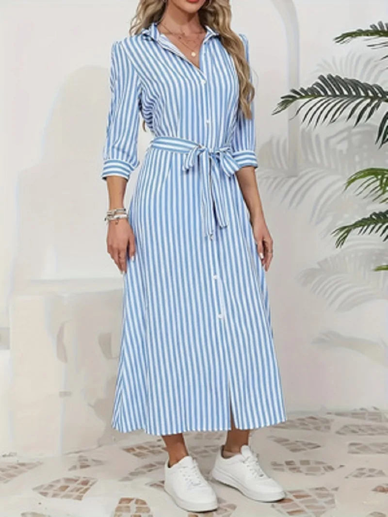 Women's Blue & White Striped Shirt Midi Dress – Casual Chic