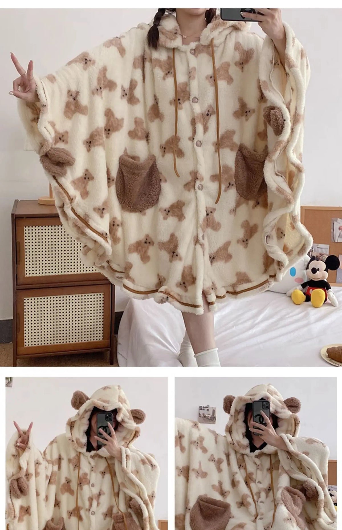 Women's Teddy Bear Print Hooded Plush Robe