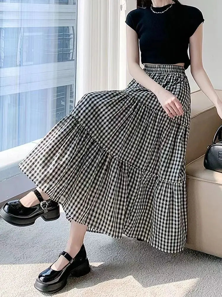 Checkered Patchwork Tiered Midi Skirt