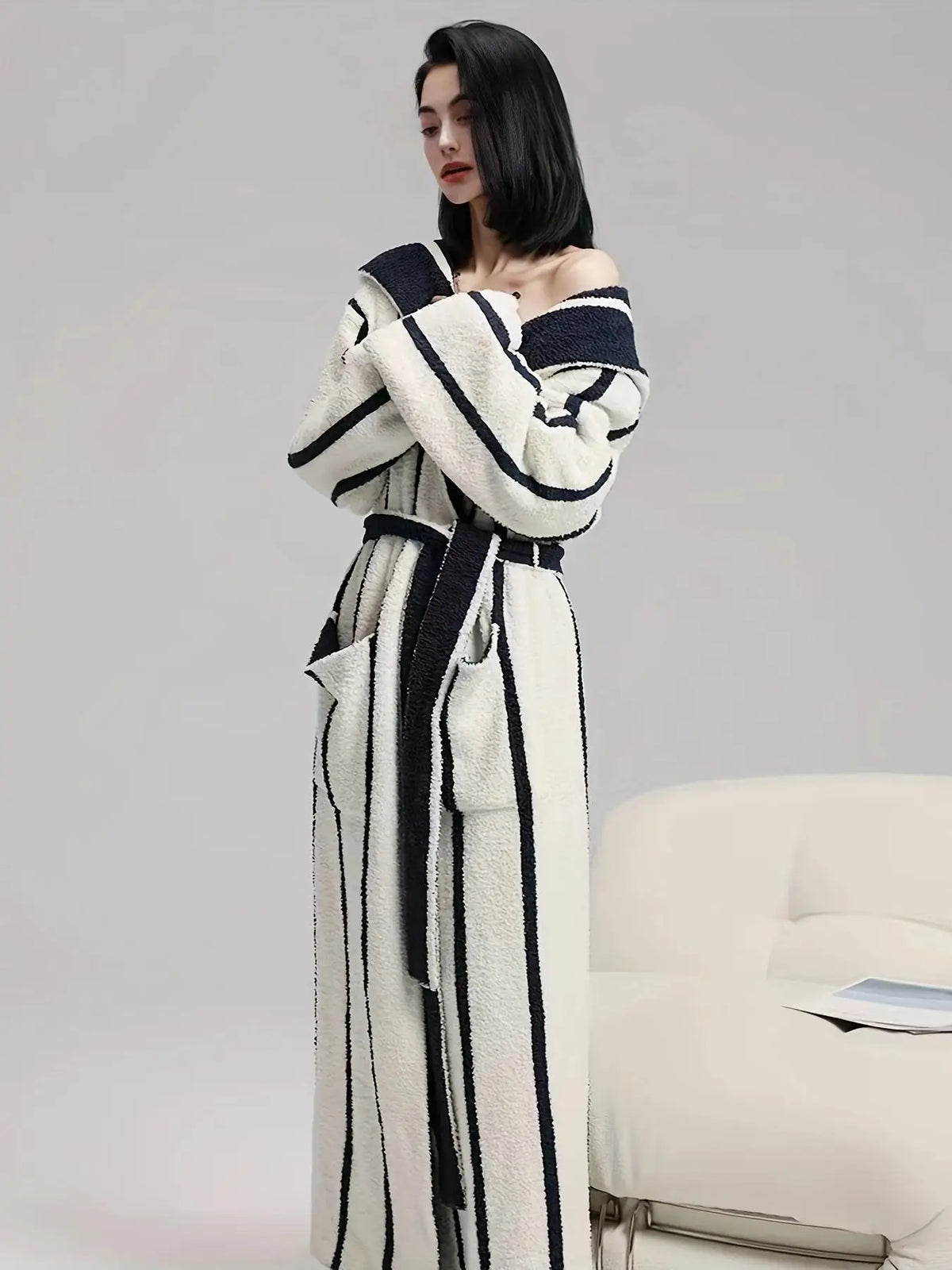 Women's Red & White Striped Hooded Plush Robe