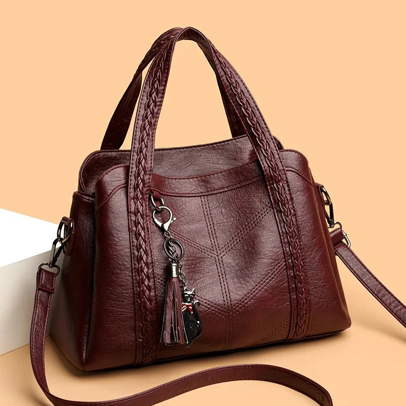 Women's Retro PU Leather Tote with Woven Handles