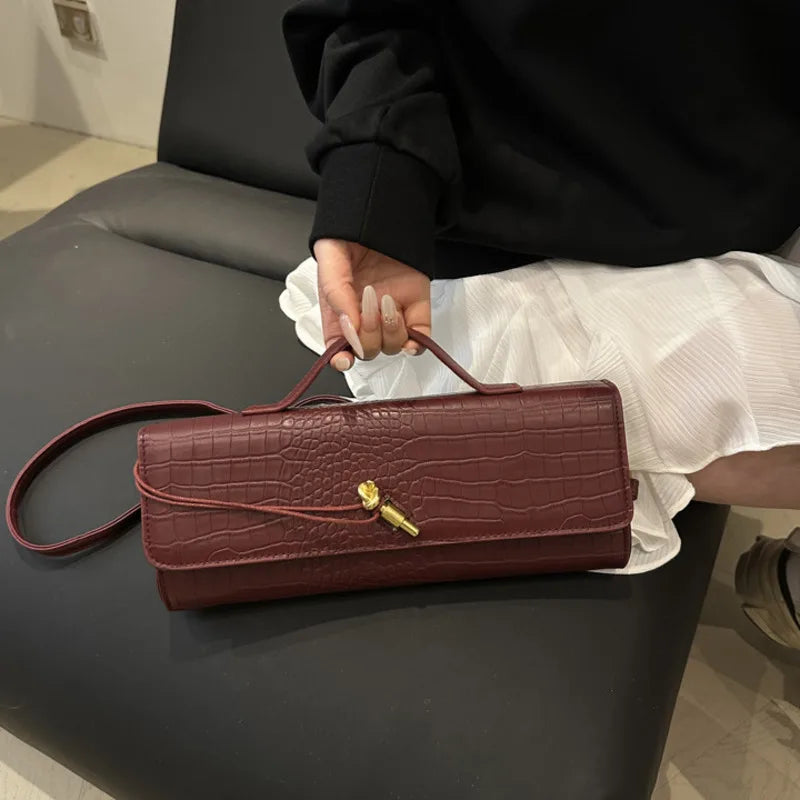 Women's Burgundy Crocodile-Pattern Evening Clutch