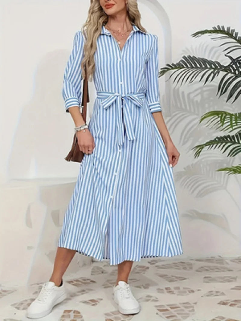 Women's Blue & White Striped Shirt Midi Dress – Casual Chic
