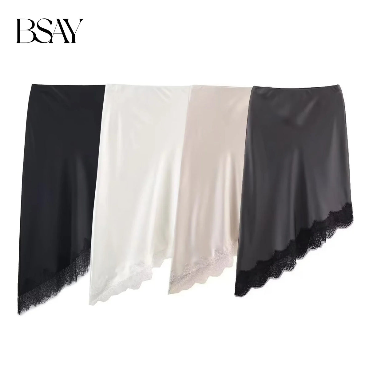 Lace-Trim Satin Midi Skirt