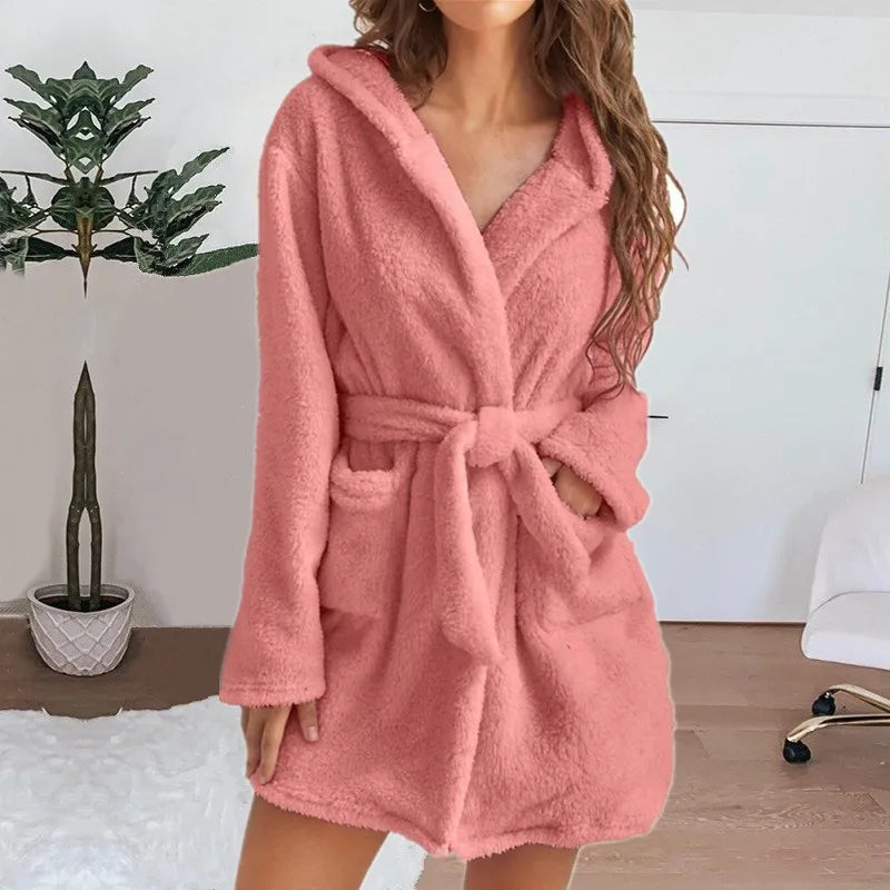 Women's Hooded Fluffy Plush Bathrobe
